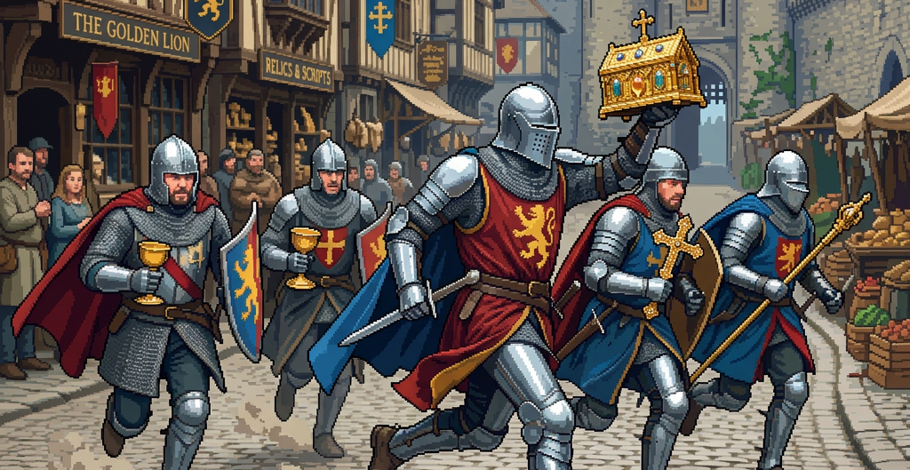 Group of medieval knights in armor running on cobblestone street holding golden relics